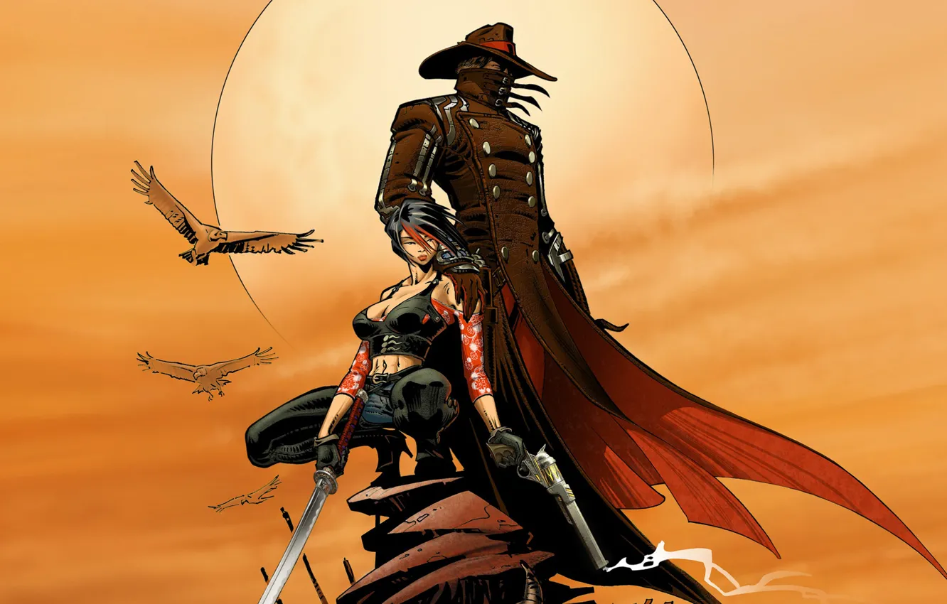 Photo wallpaper girl, the sun, weapons, bird, smoke, people, hat, glow