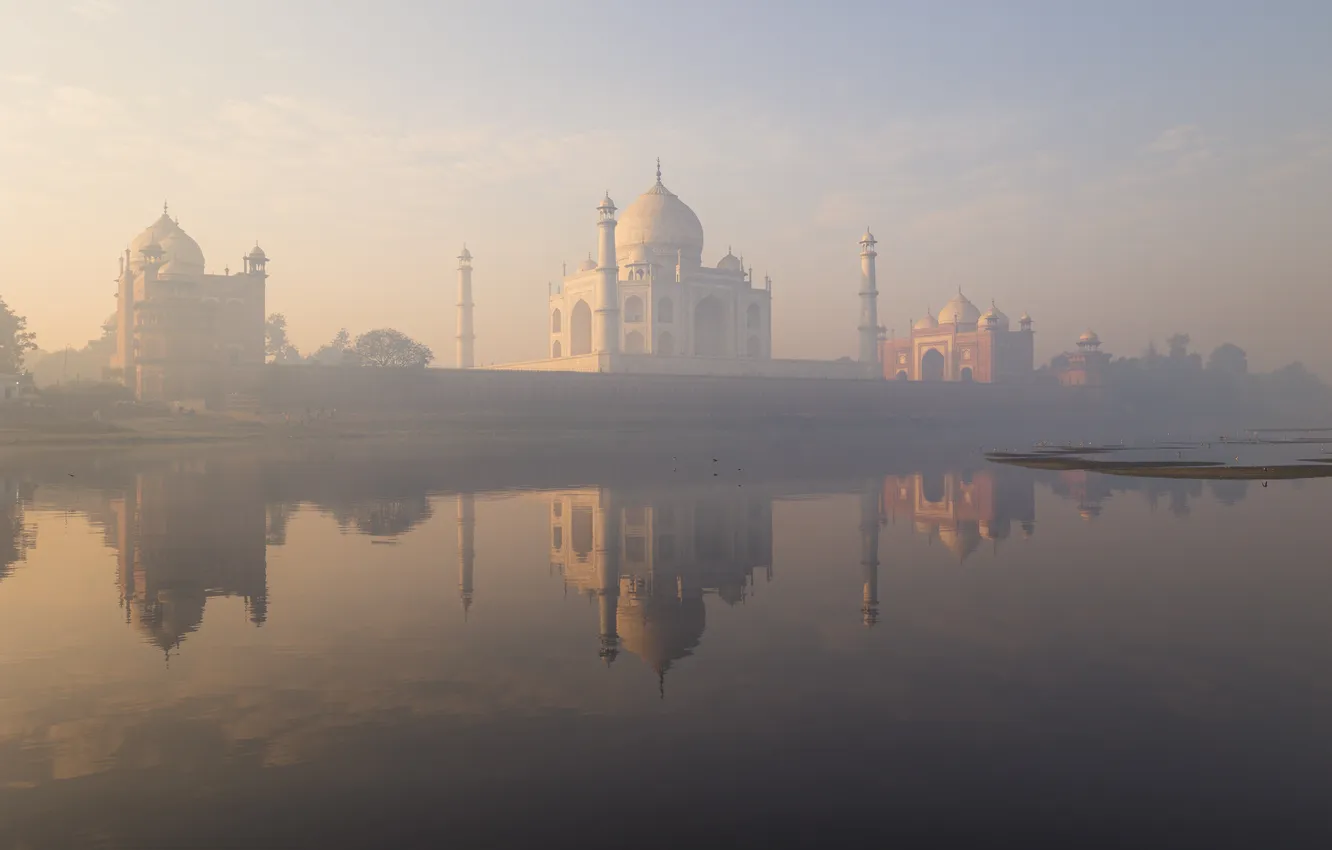 Photo wallpaper the sky, light, fog, reflection, dawn, morning, India, Taj Mahal