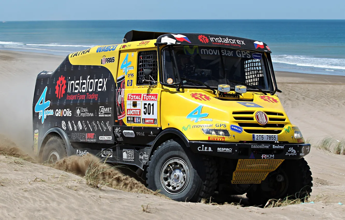 Photo wallpaper Sand, Yellow, Dust, Sport, Truck, Yellow, 4x4, Rally