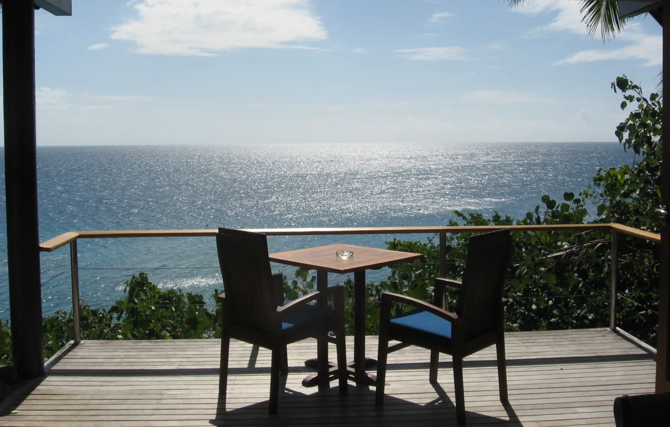 Photo wallpaper table, chairs, sea view, terrace, table, terrace, chairs, sea view
