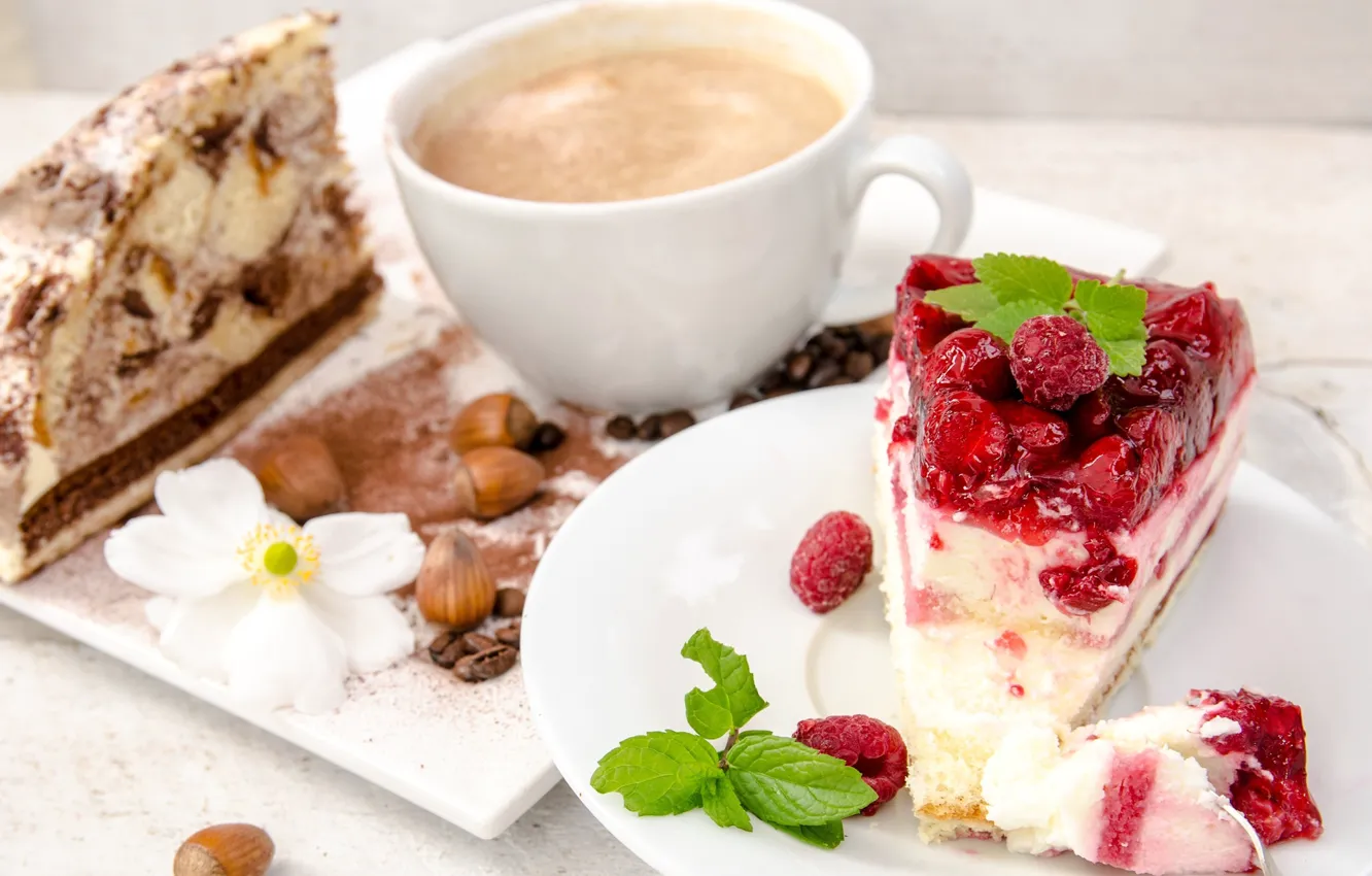 Photo wallpaper berries, raspberry, coffee, cake, mint, hazelnuts