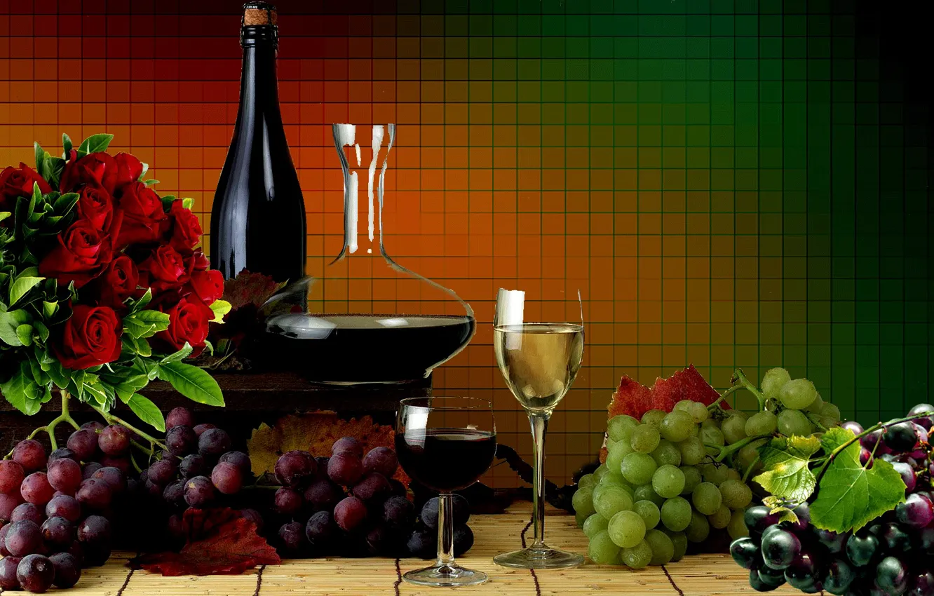 Photo wallpaper summer, background, wine, roses, texture, grapes, fruit, The still-life