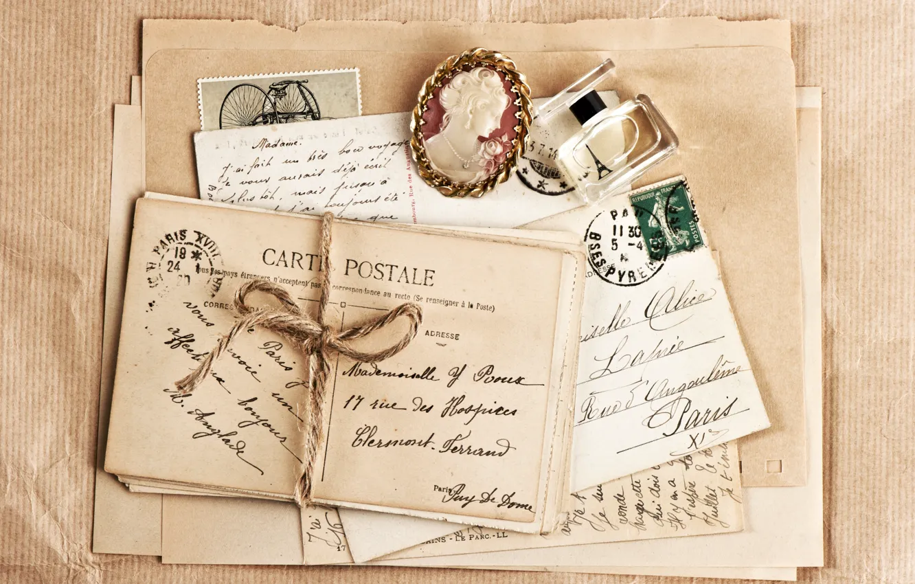 Photo wallpaper vintage, the envelope, brooch, perfume, letters, cards, brand