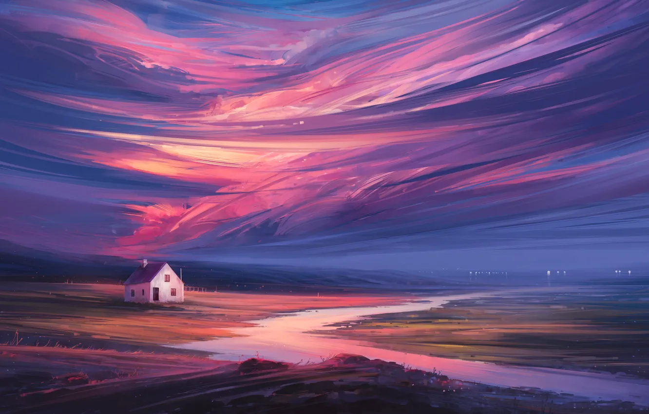 Photo wallpaper the sky, house, river, field, the evening, valley, horizon, space
