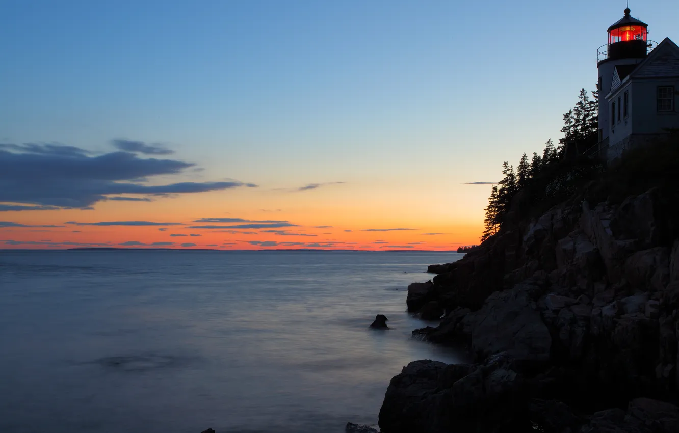 Photo wallpaper sea, trees, sunset, stones, rocks, lighthouse