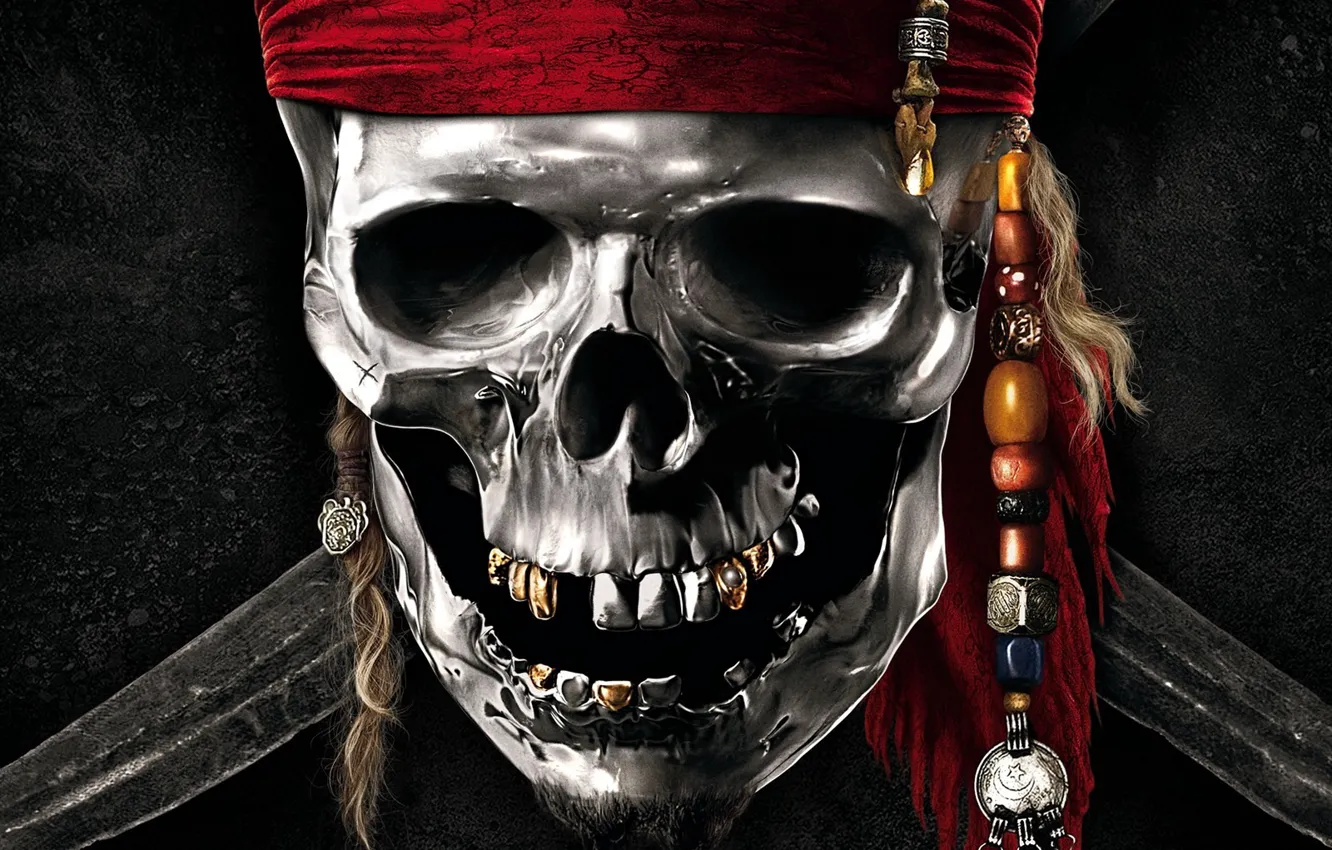 Photo wallpaper skull, sword, teeth, beard, Pirates of the Caribbean
