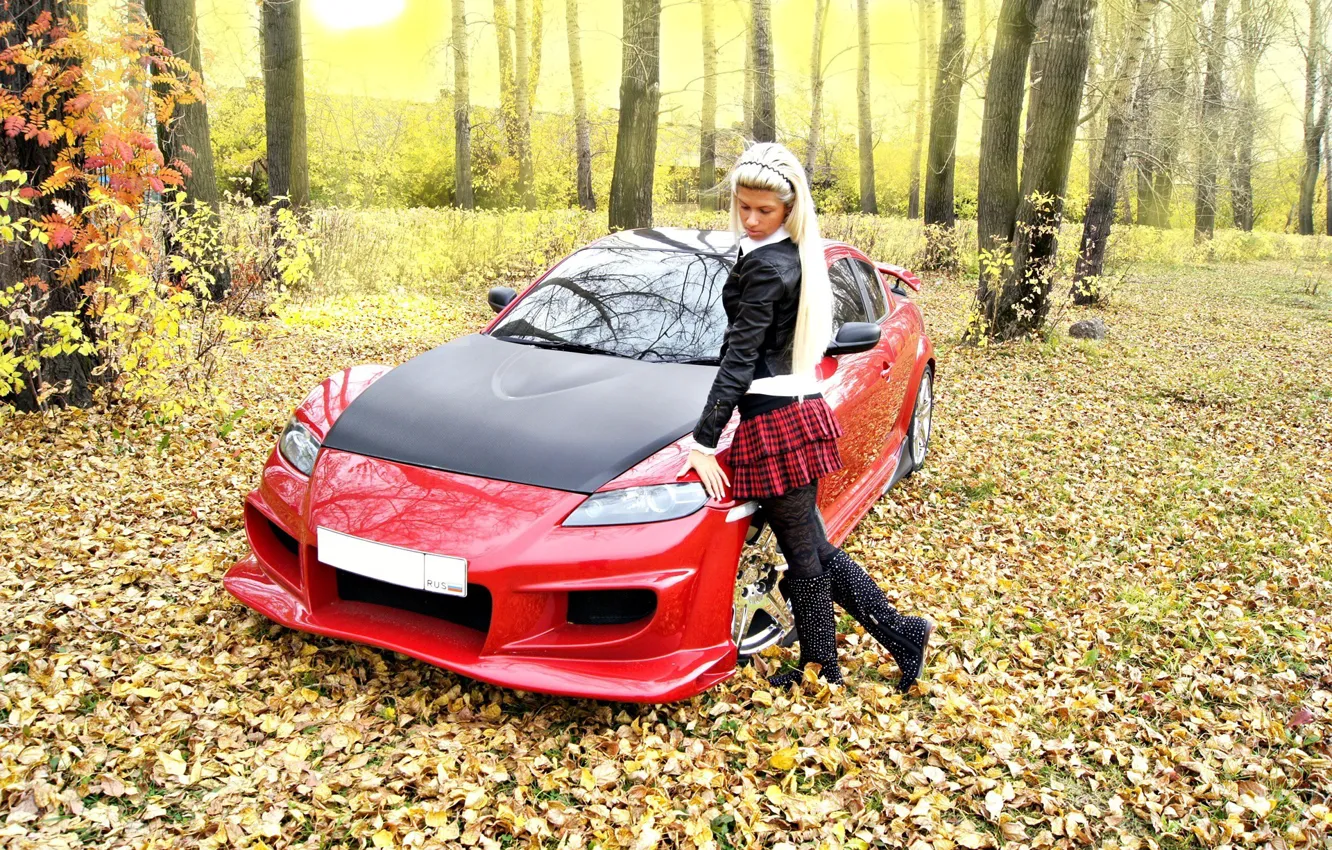 Photo wallpaper autumn, leaves, girl, Mazda, red car