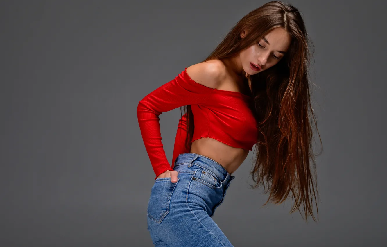 Photo wallpaper red, long hair, photo, brown, model, jeans, pose, belly