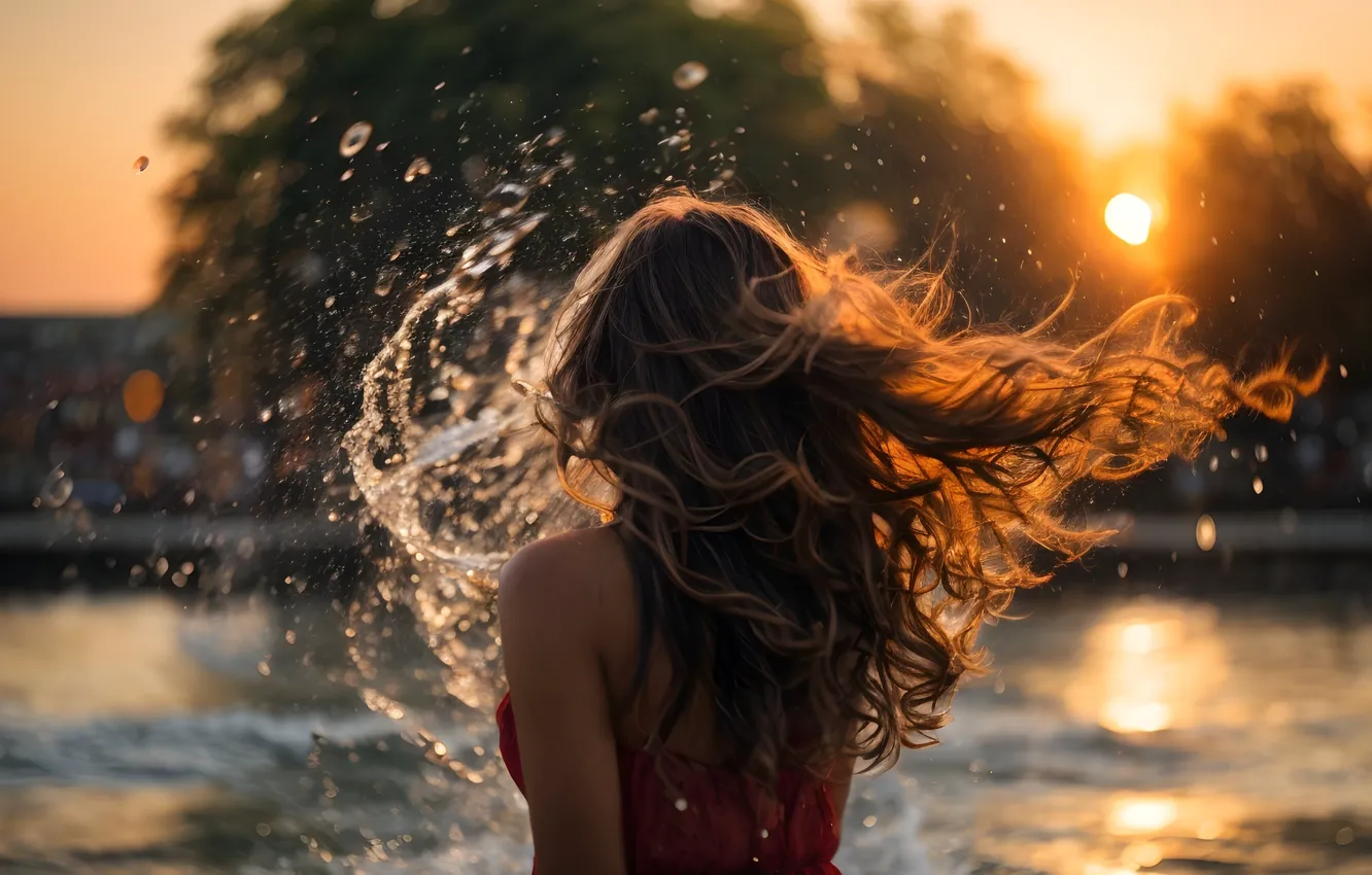Photo wallpaper water, girl, sunset, squirt, splash, bathing, brown hair, long hair