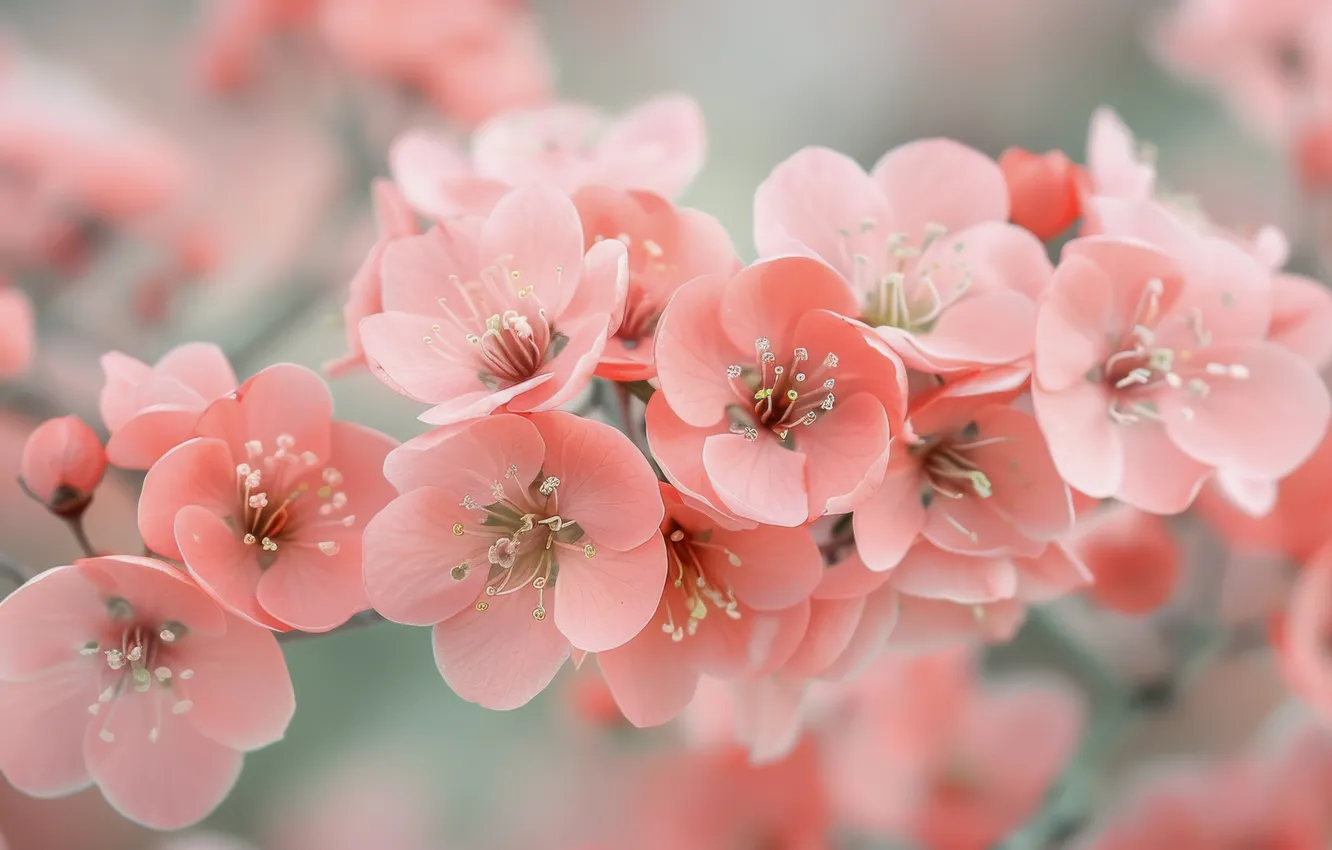 Photo wallpaper flowers, branches, spring, pink, flowering, quince, AI art, neural network