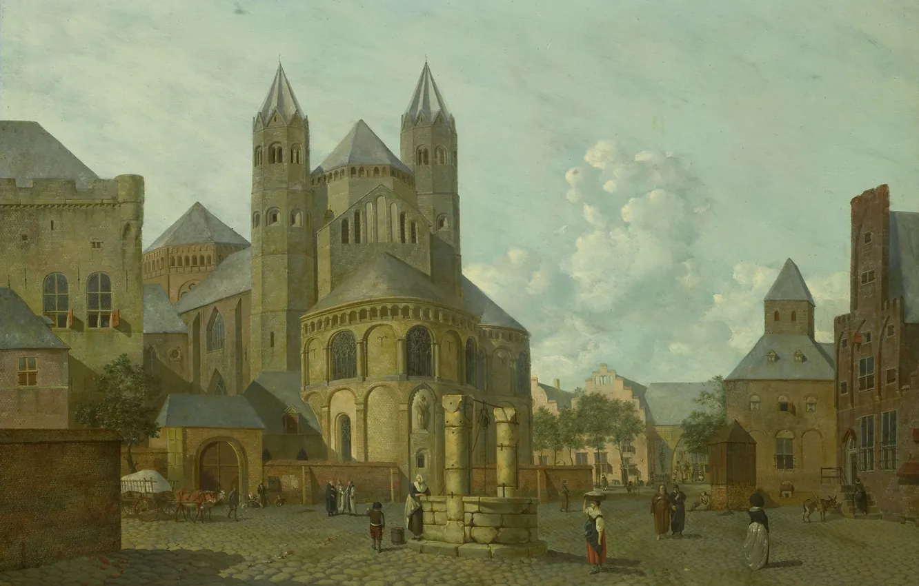 Photo wallpaper tree, oil, picture, Johannes Hubert Prince, Fantastic view of the City with a Romanesque Church