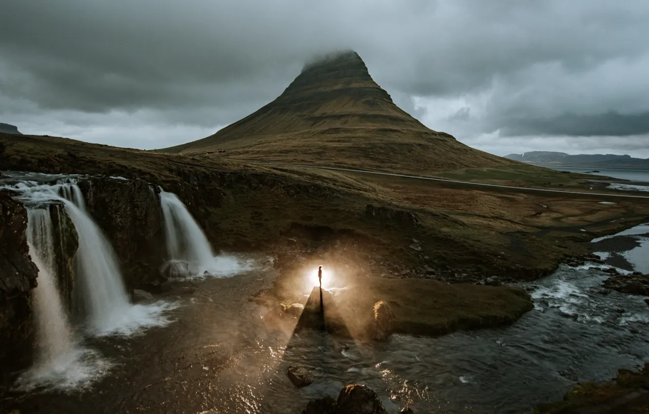 Photo wallpaper clouds, light, mountains, river, stones, people, waterfall, Iceland
