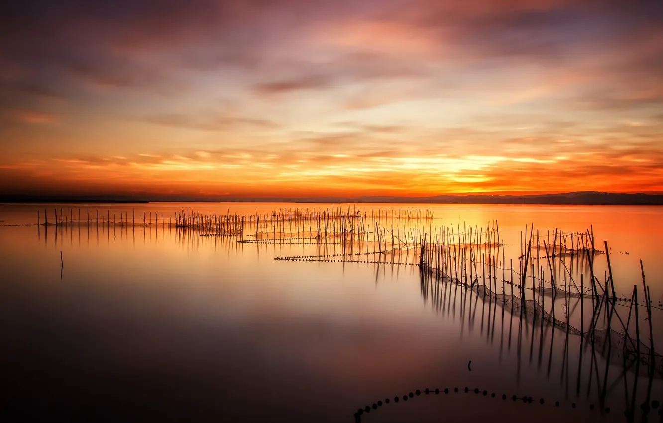 Photo wallpaper sunset, lake, fishing with nets