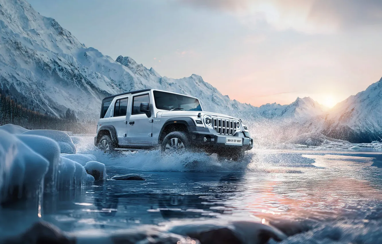 Photo wallpaper ice, Mahindra, lake, mountains, machine, auto, landscape