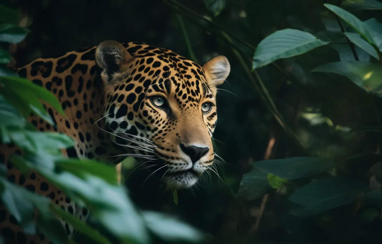 Photo wallpaper face, predator, jungle, leopard, big cat, spotted, digital art, AI art