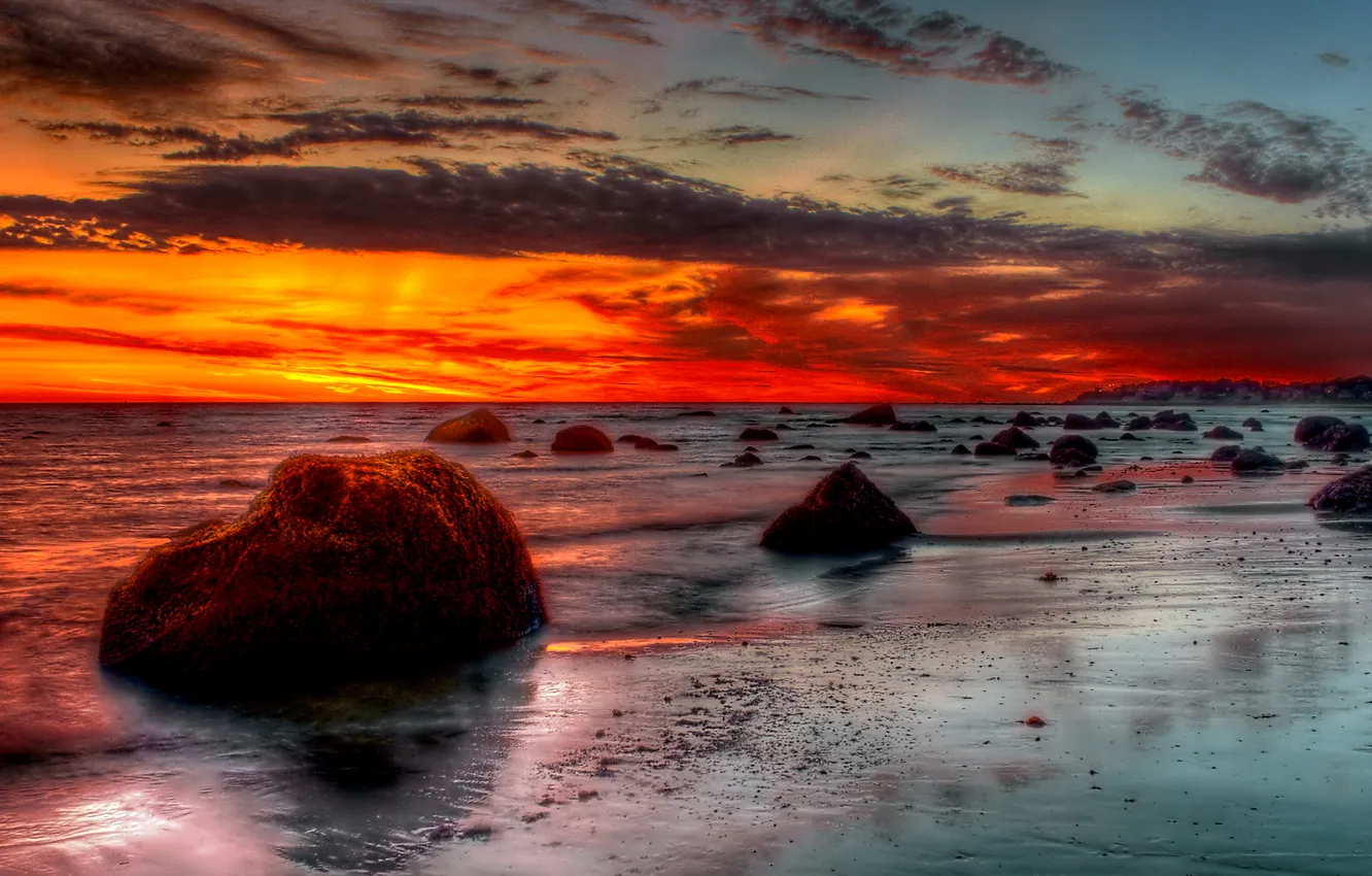 Photo wallpaper sea, the sky, clouds, stones, shore, HDR, tide, glow