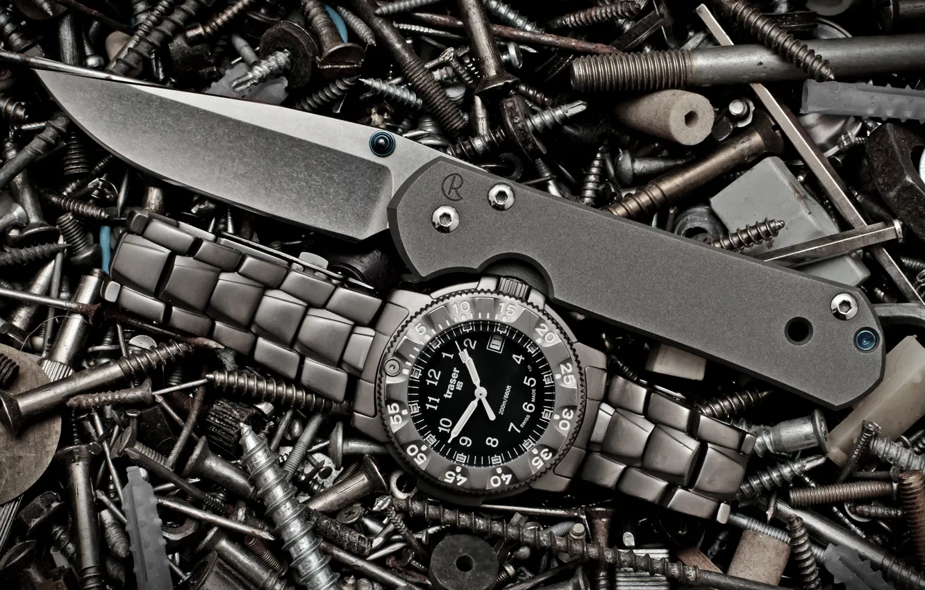 Photo wallpaper watch, knife, bolts, screws, folding, sebenza, traser, nuts