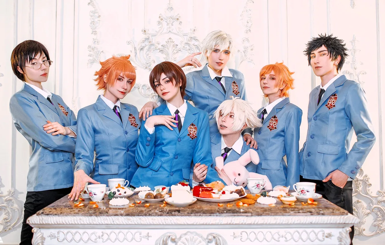 Photo wallpaper table, toy, cookies, Cup, form, friends, costumes, cosplay