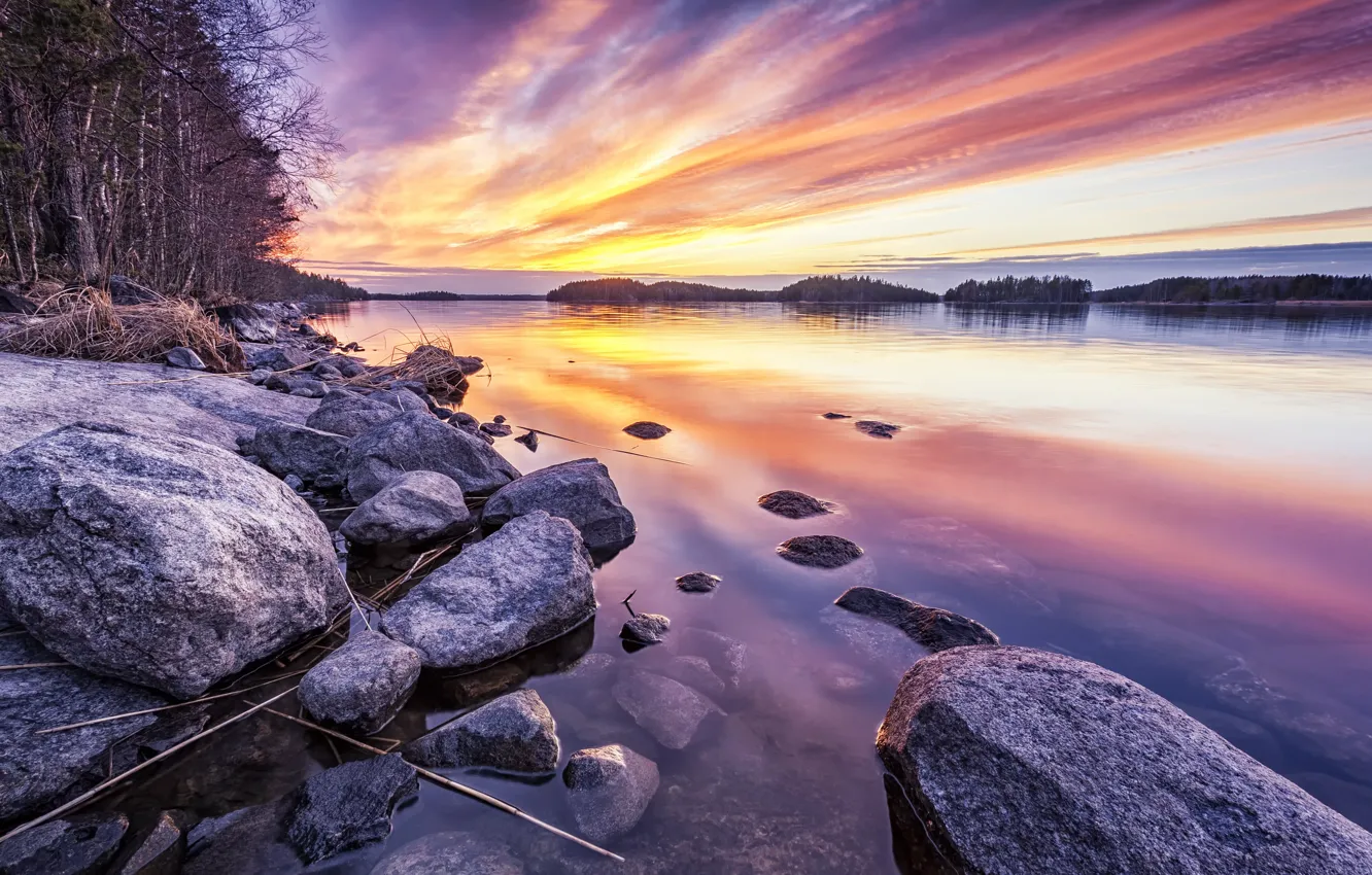 Photo wallpaper sunset, lake, shore
