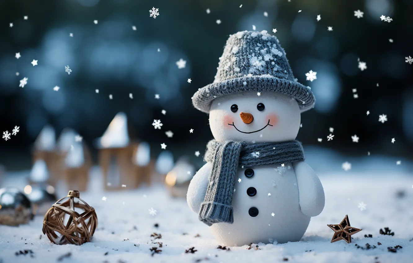Photo wallpaper winter, snow, decoration, snowflakes, new year, Christmas, snowman, Christmas