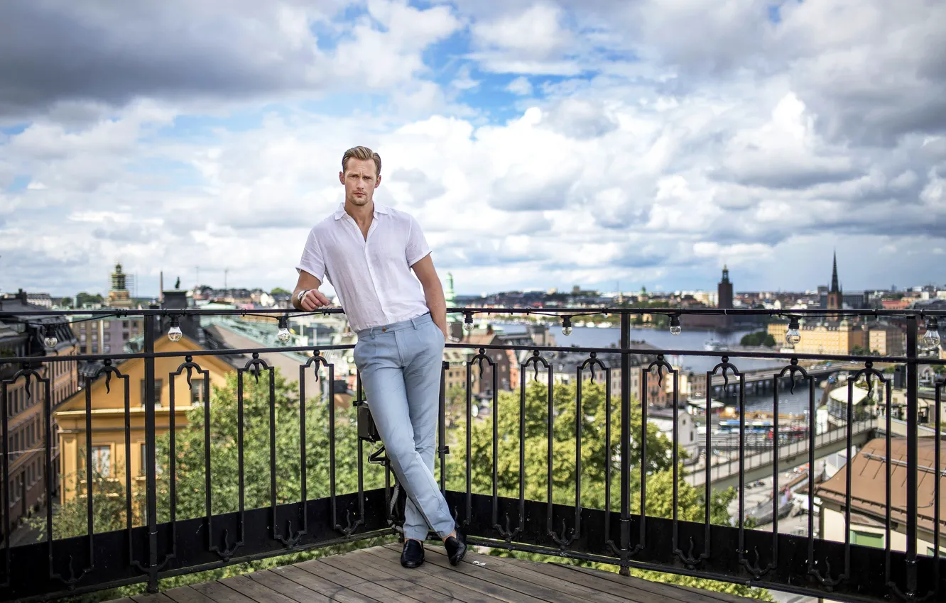 Photo wallpaper the city, balcony, Alexander Skarsgard, pants, shirt, Alexander Skarsgard, male