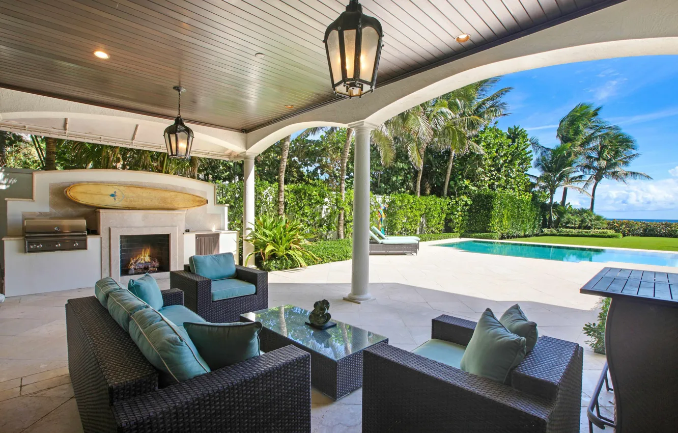 Photo wallpaper furniture, Villa, interior, pool, oven, fireplace, terrace, JUNO BEACH