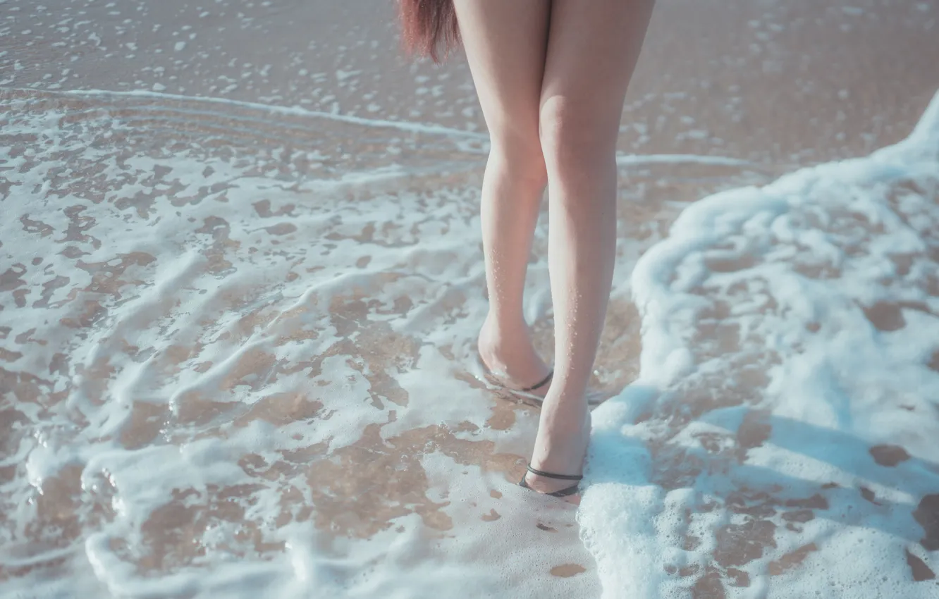 Photo wallpaper waves, wet, beach, legs, sea, ocean, woman, water