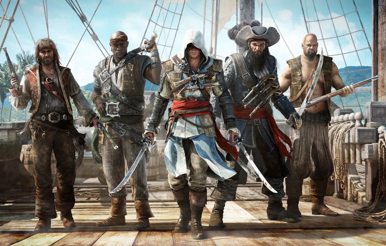 Photo wallpaper weapons, ship, hood, pirates, killer, barrels, swords, Ubisoft