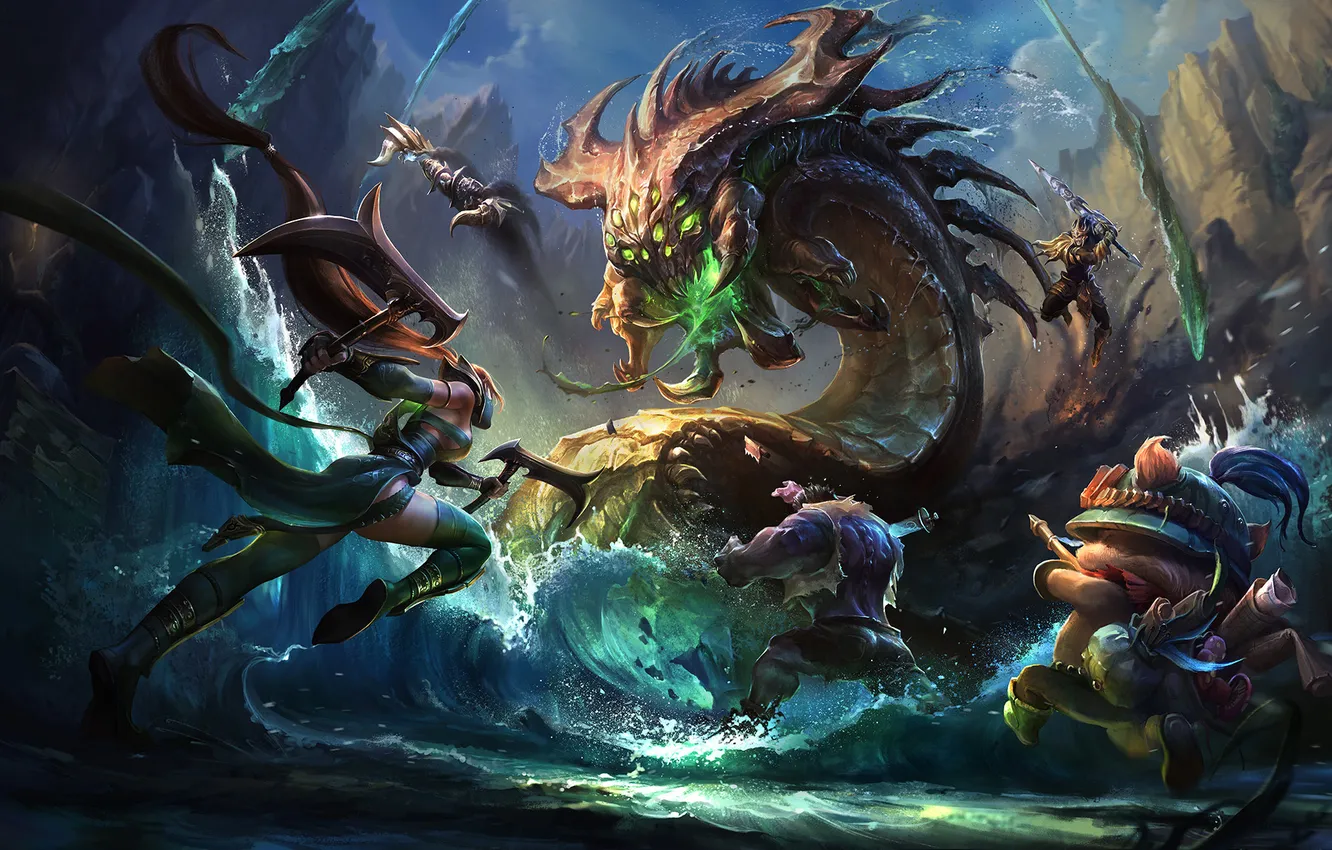 Photo wallpaper water, girl, rocks, monster, art, battle, League of Legends