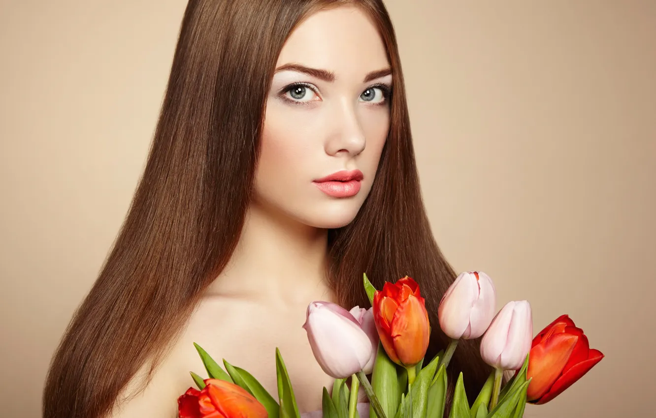 Photo wallpaper look, portrait, tulips, beautiful