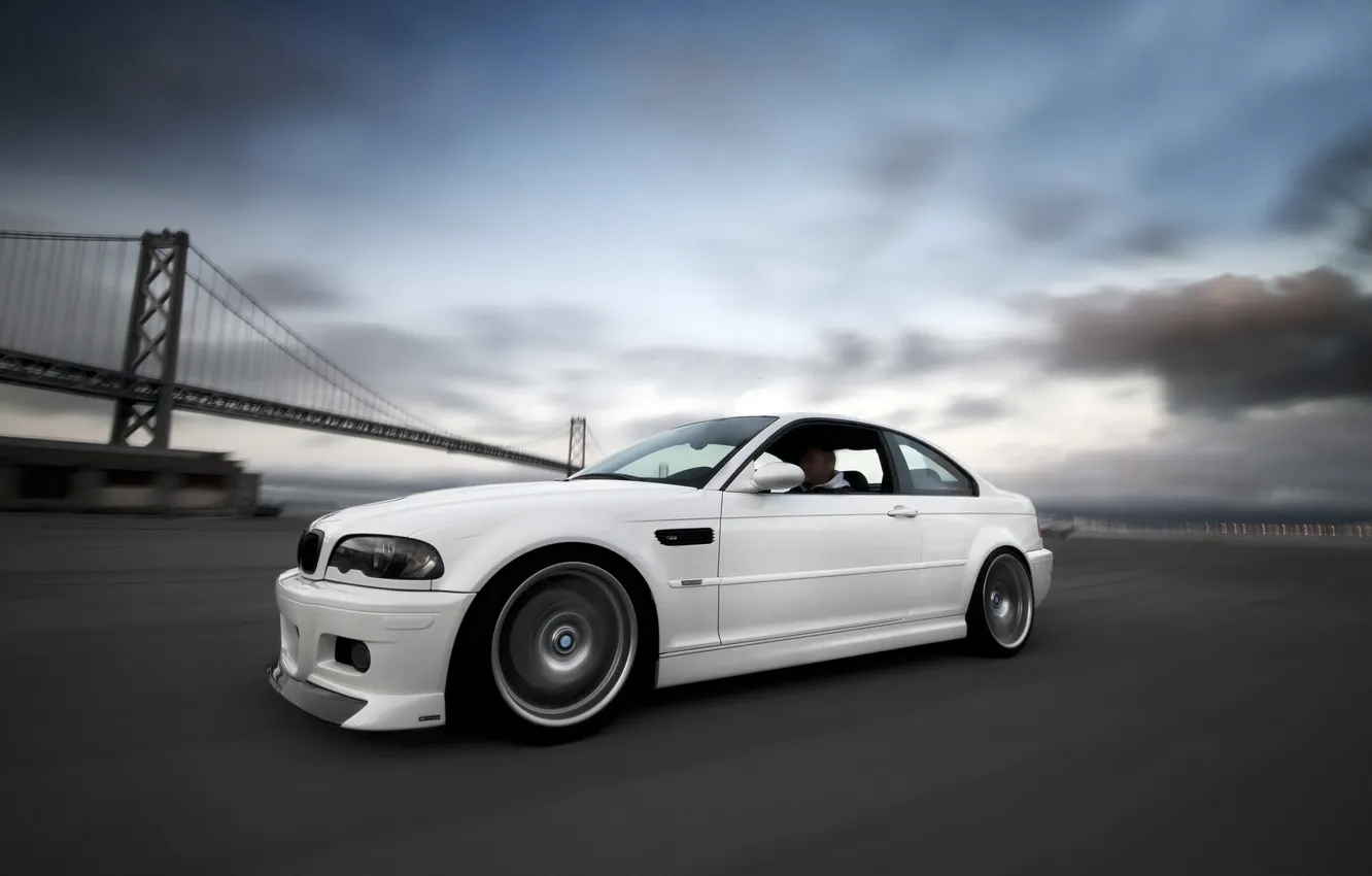 Photo wallpaper white, bridge, bmw, BMW, speed, white, side view, bridge