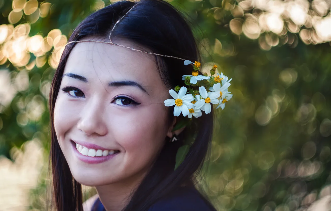 Photo wallpaper girl, flowers, face, smile, background, Asian
