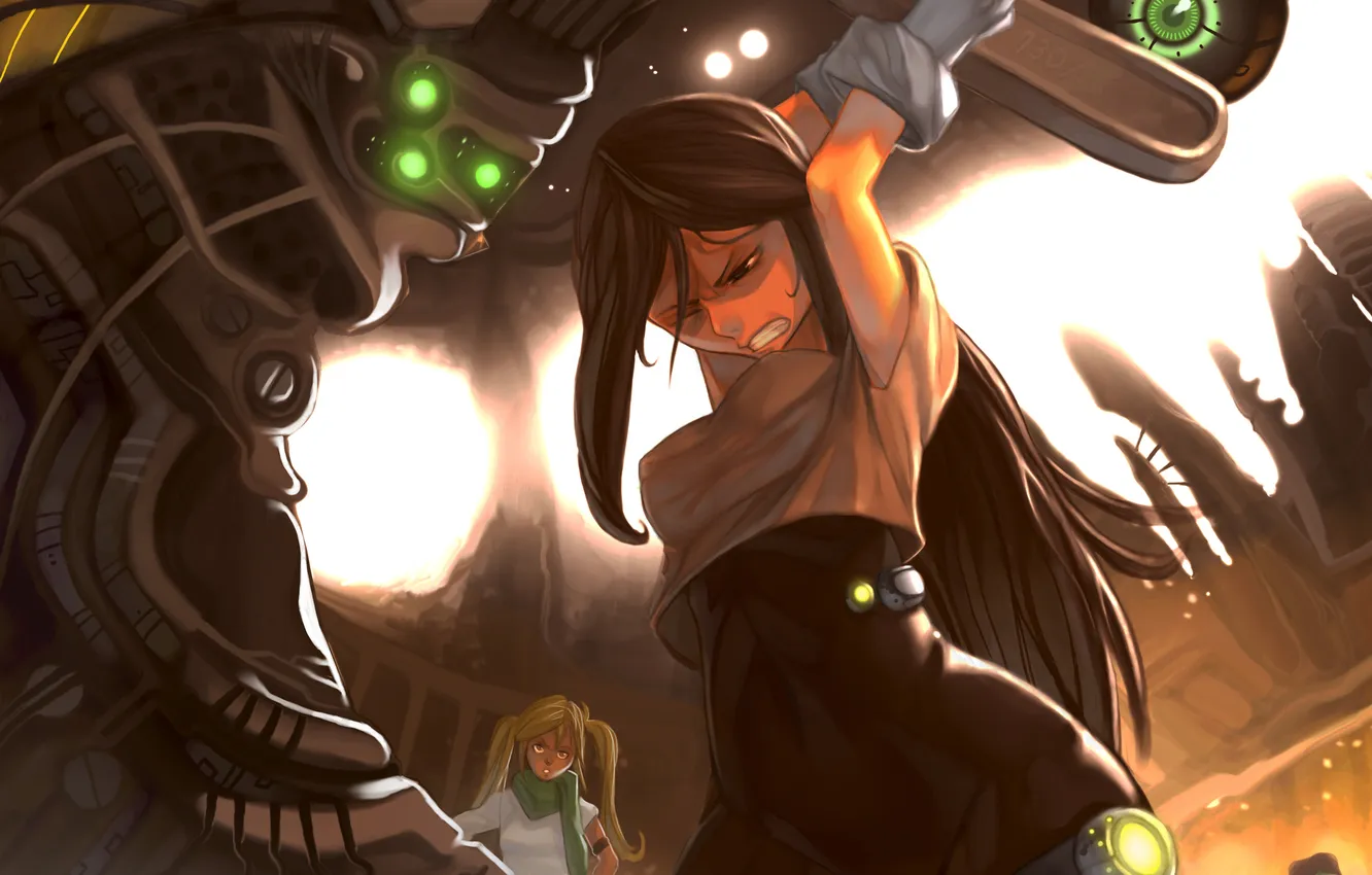 Photo wallpaper girl, lights, anger, mechanism, key, costume, swing