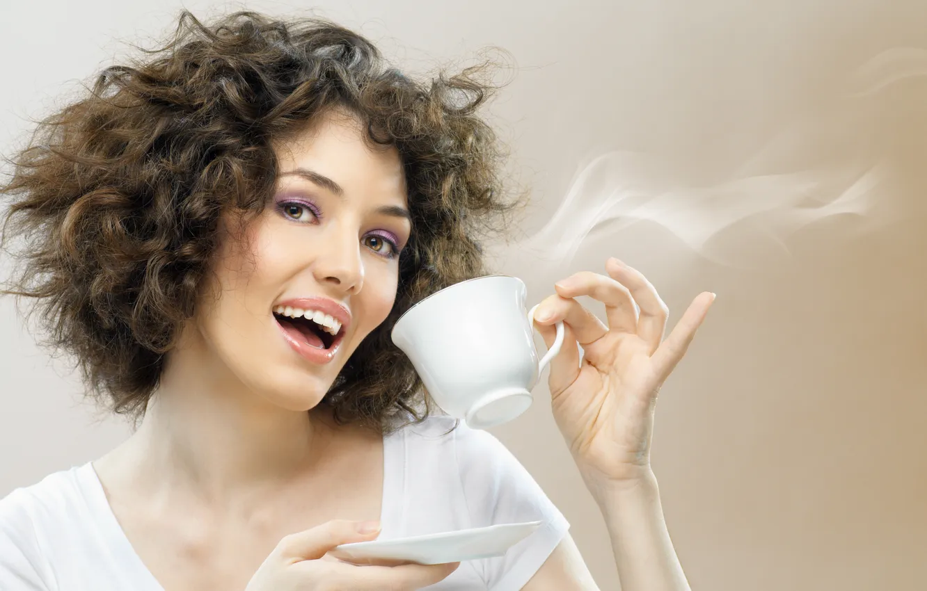 Photo wallpaper girl, coffee, Cup, brown hair, curls, smoke