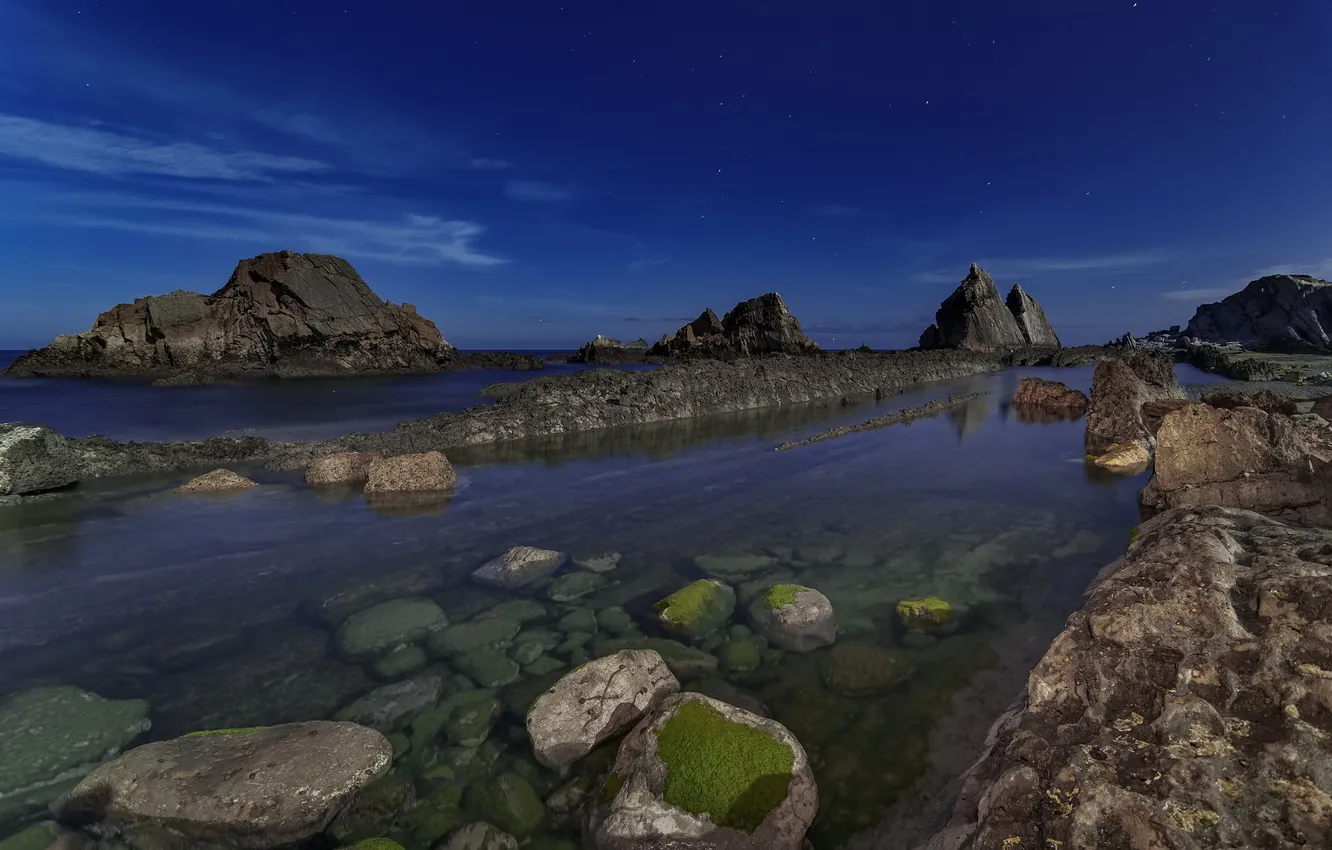 Photo wallpaper sea, landscape, night, stones
