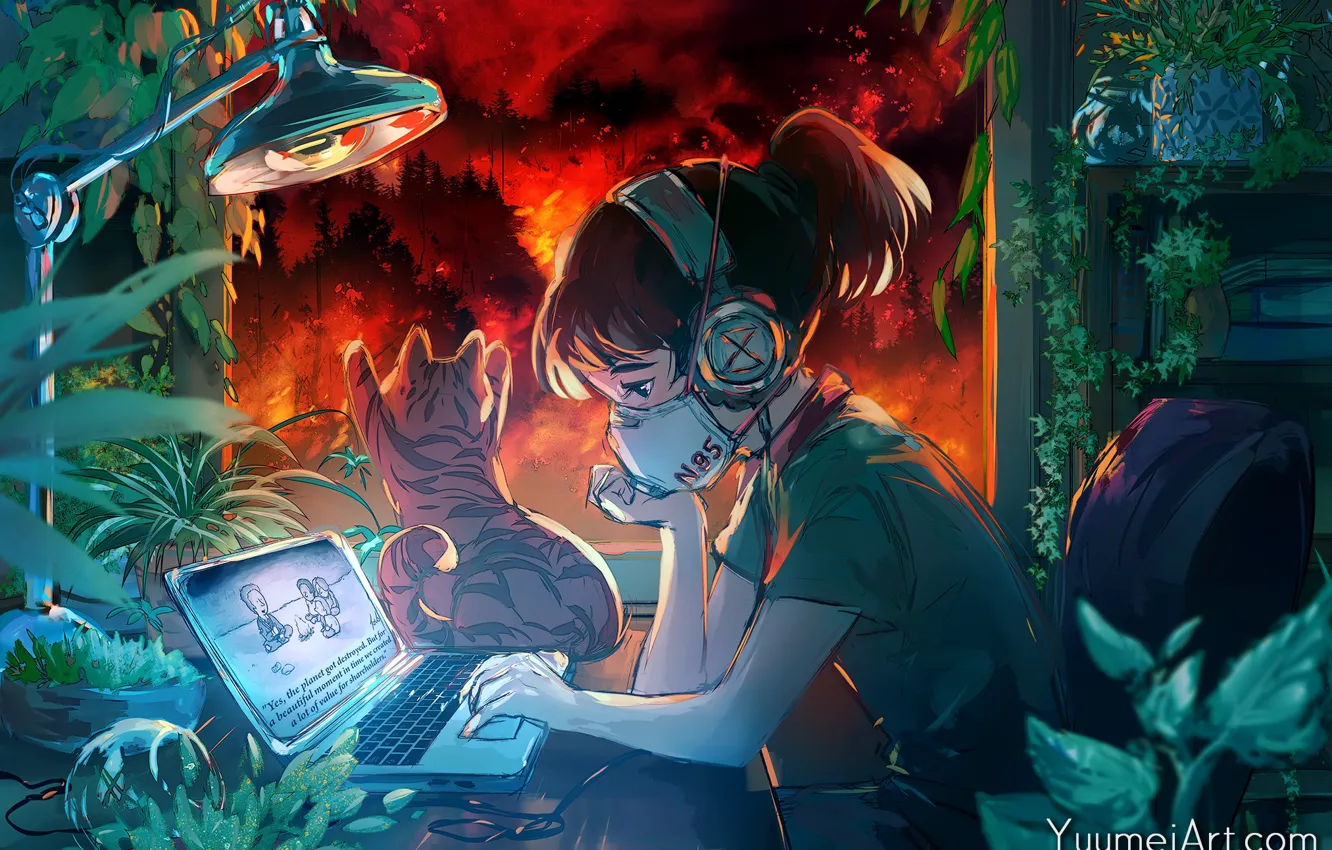 Photo wallpaper forest, cat, girl, fire, headphones, mask, window, laptop