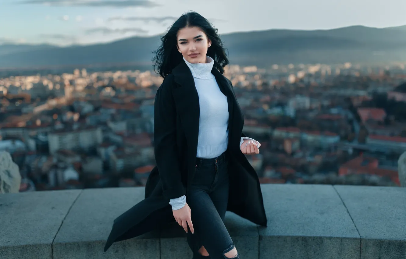 Photo wallpaper girl, the city, pose, brunette, coat, the parapet, ripped jeans, Acts Novels