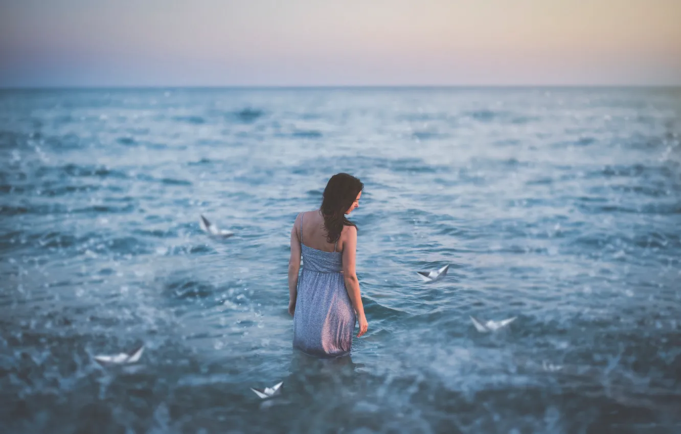 Photo wallpaper sea, girl, mood, paper boats
