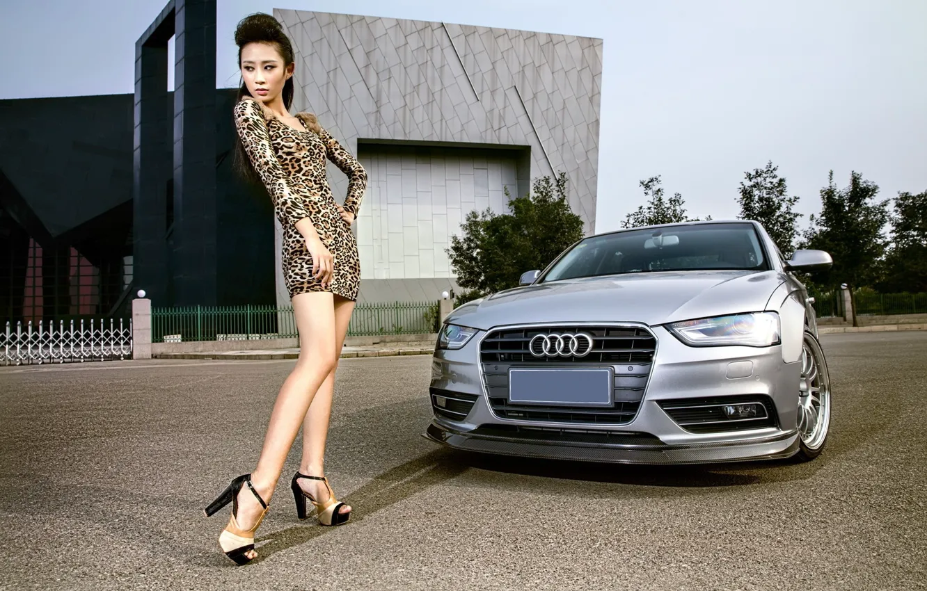 Photo wallpaper look, girl, Audi, Girls, dress, Asian, silver car