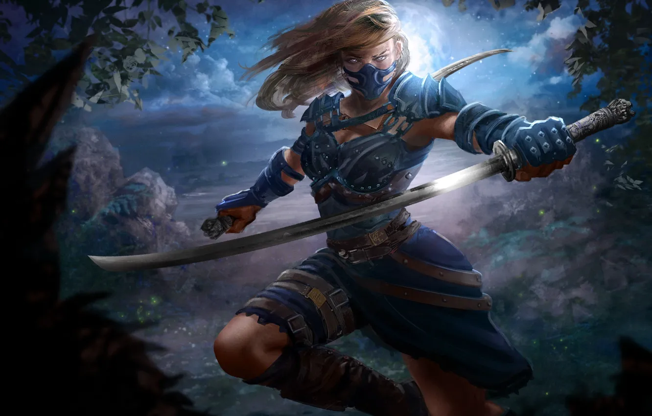 Photo wallpaper look, leaves, girl, trees, weapons, fiction, mask, art