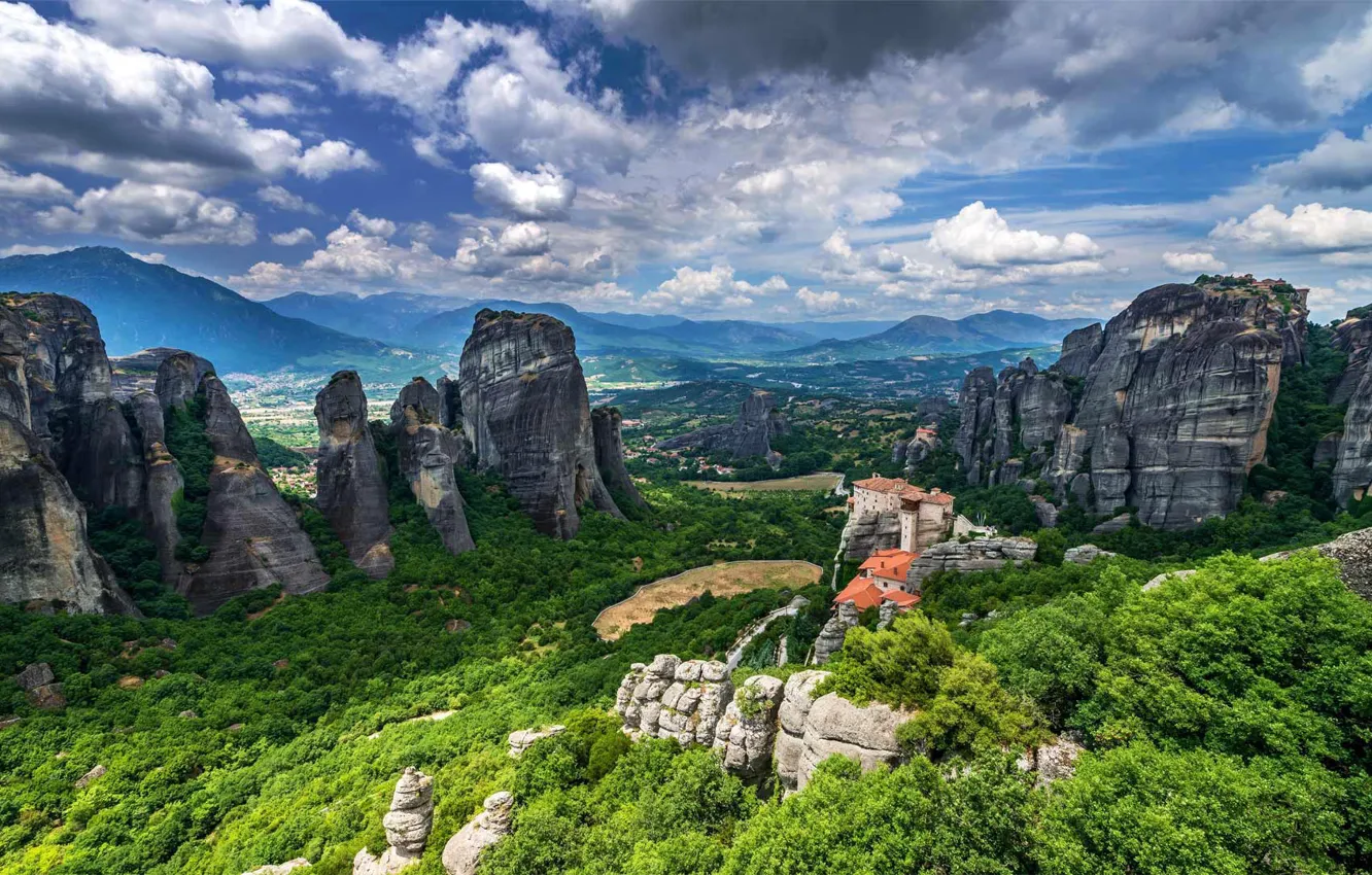 Photo wallpaper mountains, Greece, the monastery, Meteors