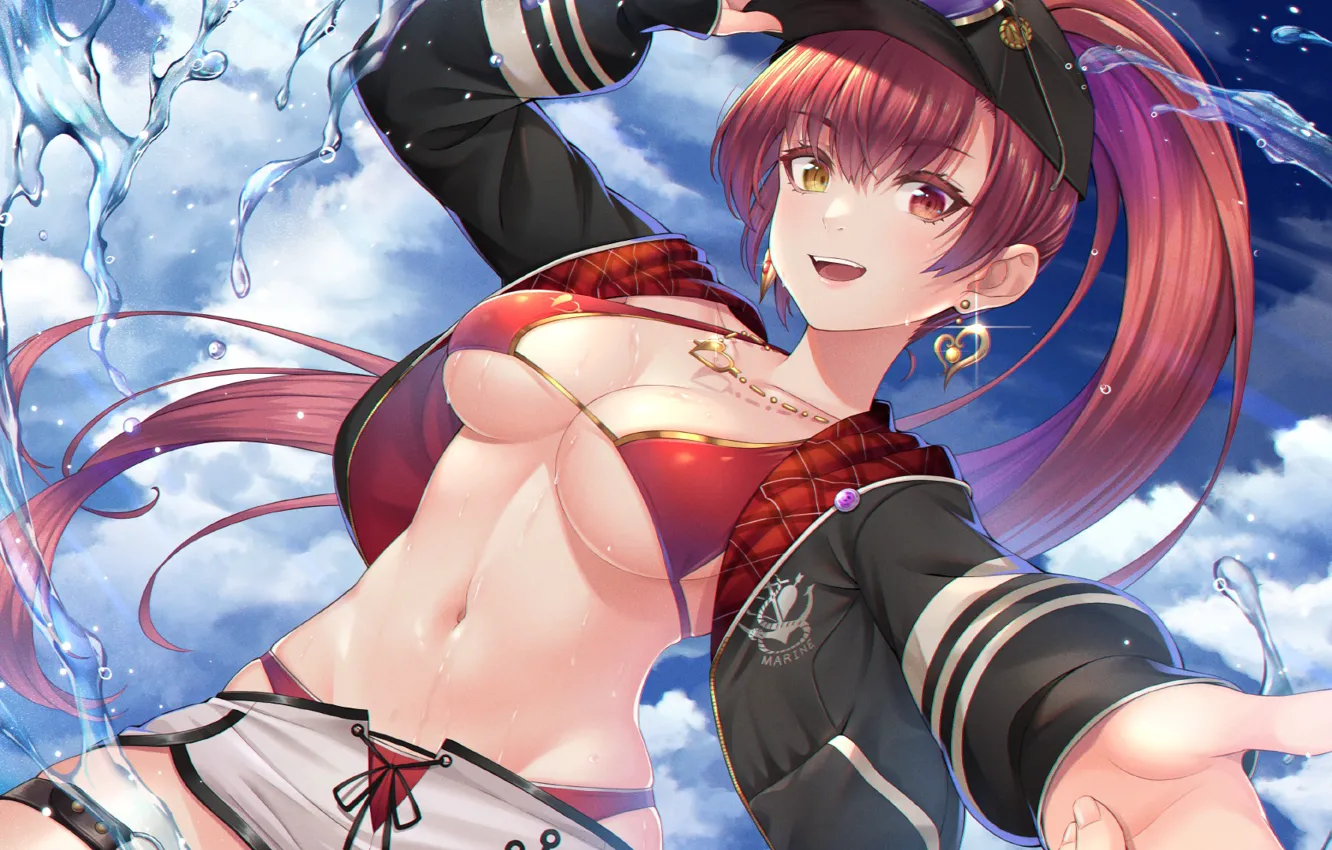 Photo wallpaper hat, redhead, bikini, jacket, anime girls, earring, Big boobs, heterochromia