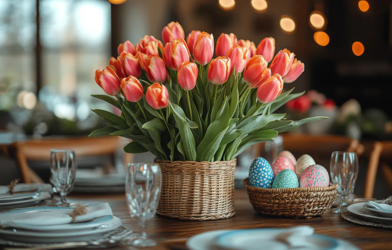 Photo wallpaper flowers, lights, table, holiday, glass, eggs, bouquet, spring
