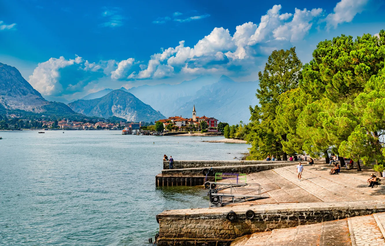 Photo wallpaper mountains, lake, Italy, promenade, Lake Maggiore