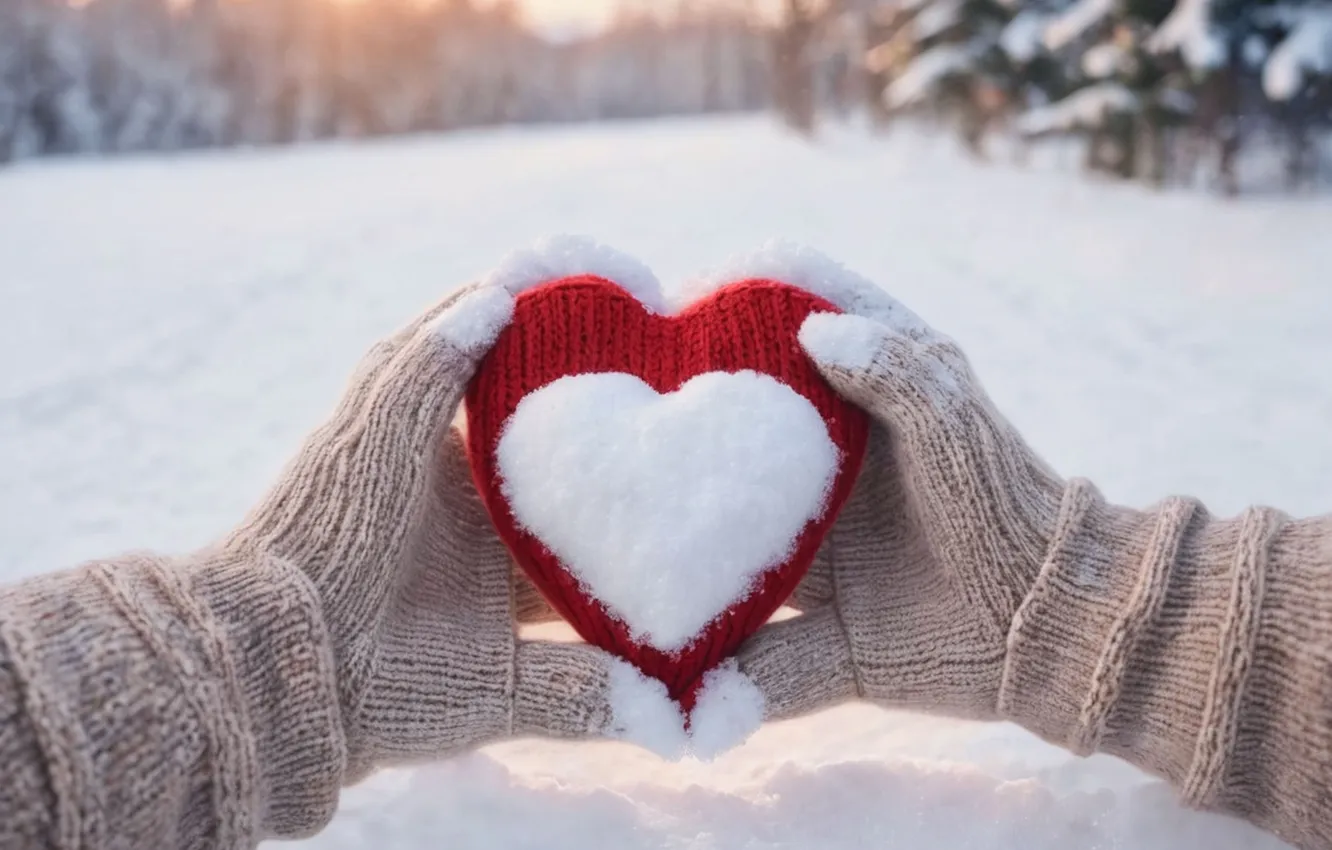 Photo wallpaper winter, snow, love, romance, heart, hands, love, happy
