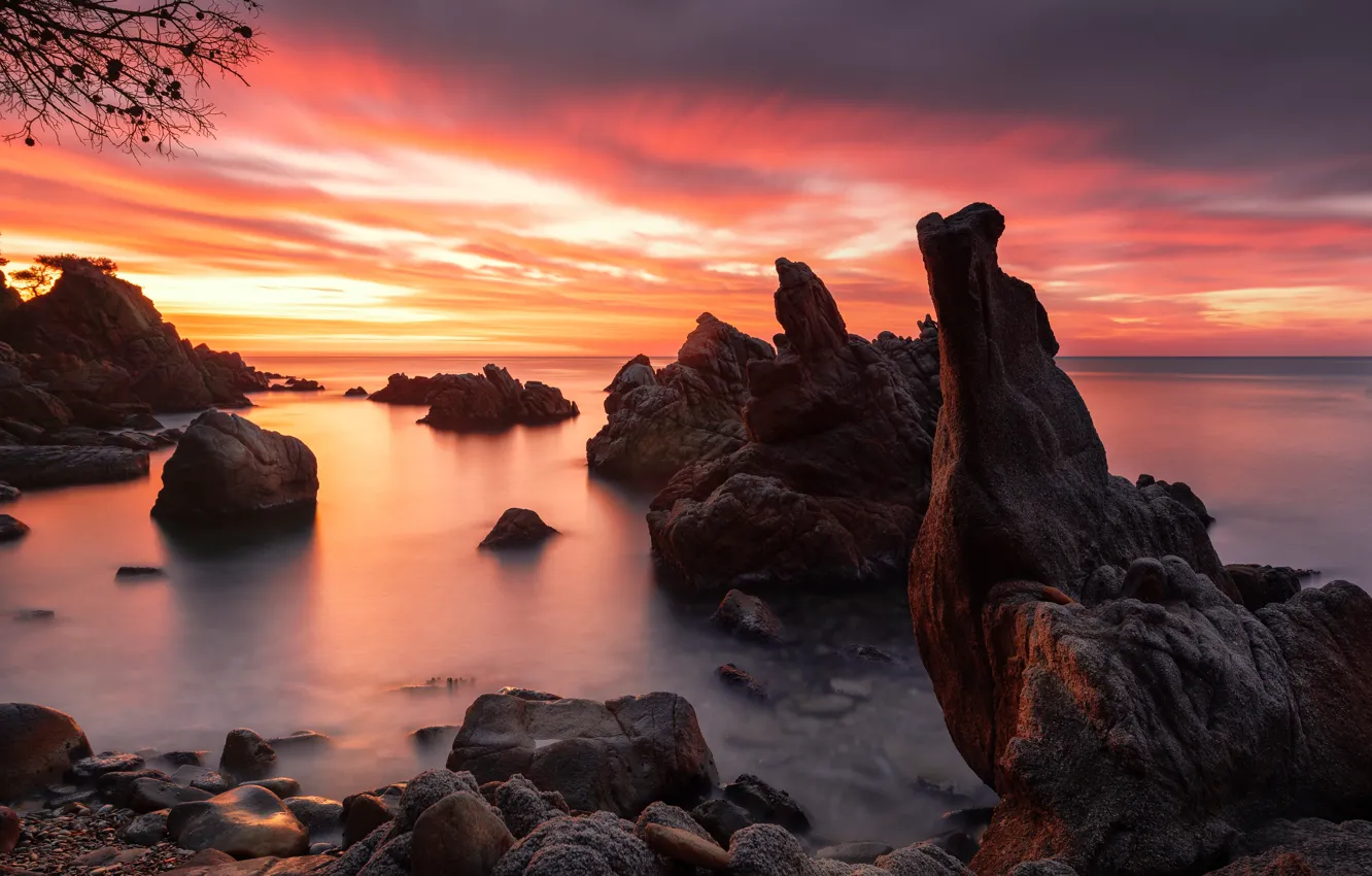 Photo wallpaper sea, sunset, stones, rocks, shore