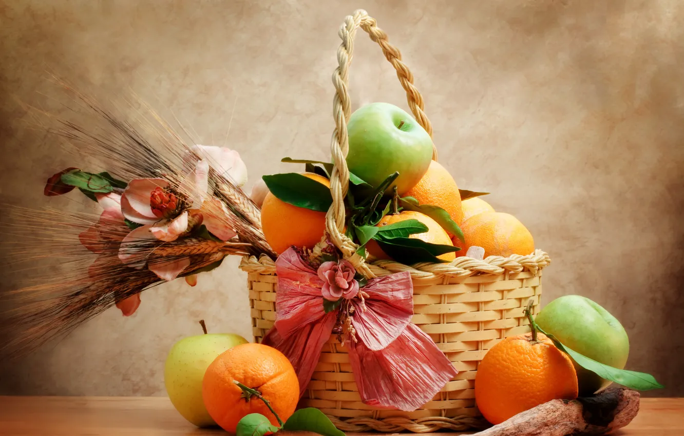 Photo wallpaper basket, apples, oranges, still life