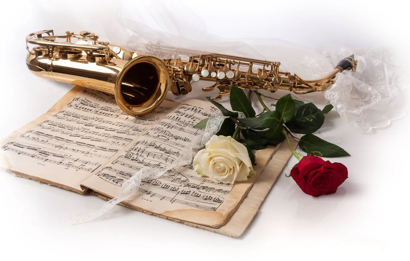 Photo wallpaper flowers, style, notes, roses, braid, saxophone