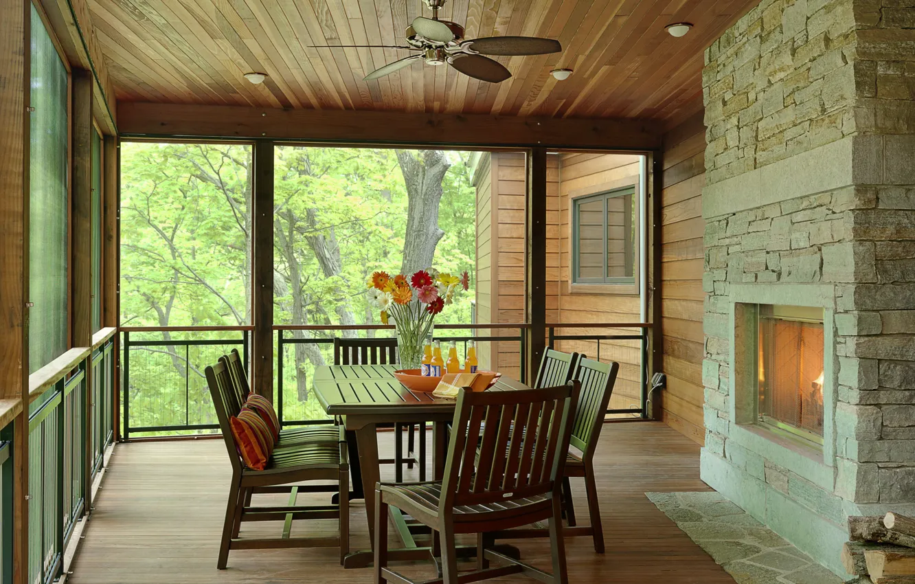 Photo wallpaper trees, interior, fireplace, veranda, country house