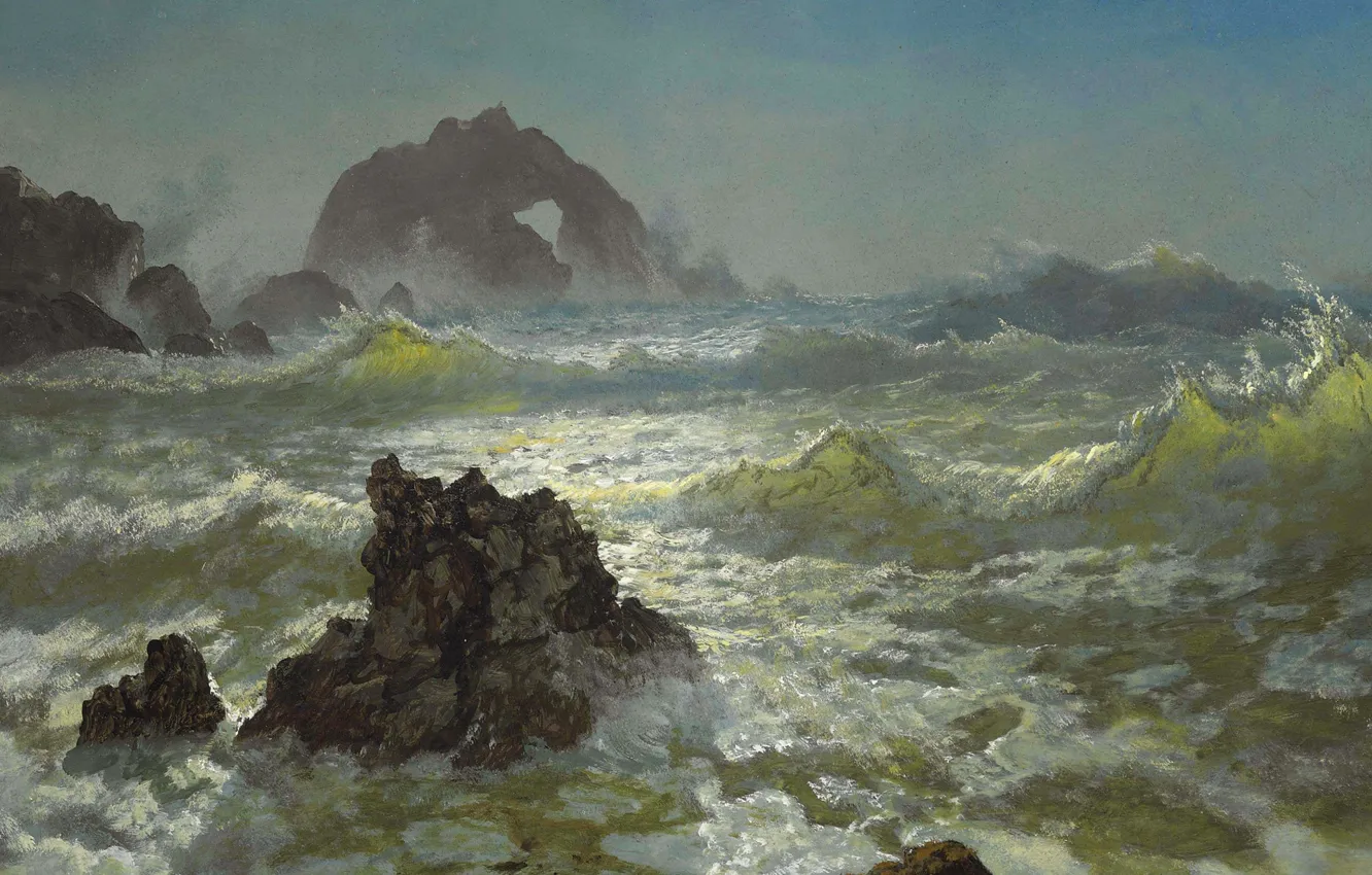 Photo wallpaper storm, rocks, picture, seascape, Albert Bierstadt, Seal Rocks. CA